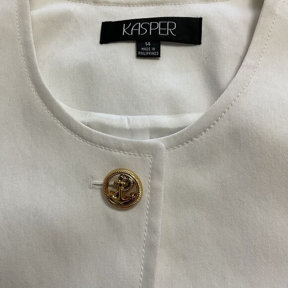 Kasper cotton stretch white denim gold button Jacket Size 14 Catalina  Brand New - Picture 2 of 14